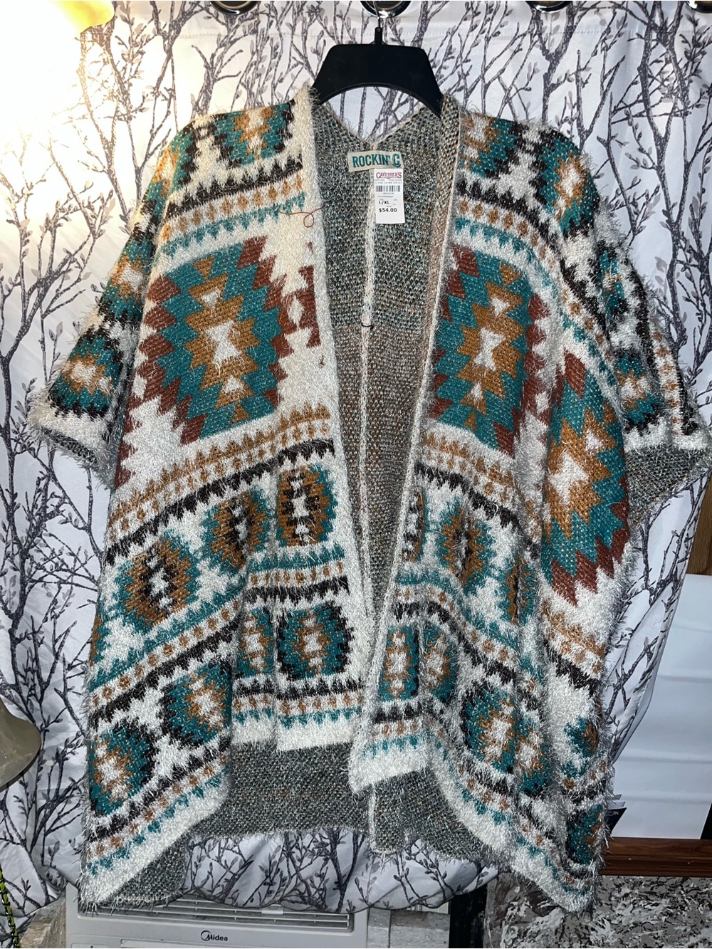 Rockin' G Teal & Rust Aztec Open-Front Poncho Sweater